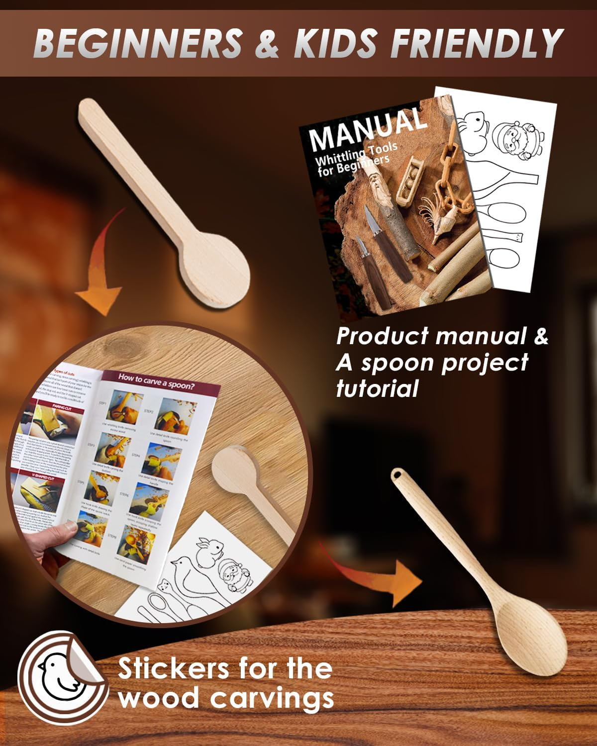 Wood Carving Kit Whittling Kit: Deluxe Wood Carving Tools Set with Leather Case - Wood Carving Knife with Basswood Blocks Woodworking Widdle Gift for Beginners Adults Kids Hobby image number 1