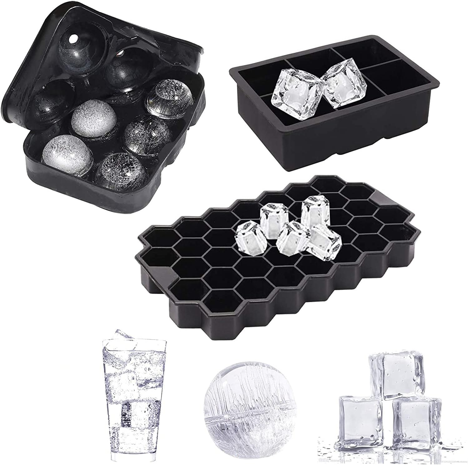 Ashintar 1 Set (3PCS) Silicone Ice Cube Trays, Large round Ice Ball Mold, Sphere Square Honeycomb Ice Trays for Whiskey Cocktails, Flexible Reusable BPA DIY Icecream Molds for Freezer image number 2