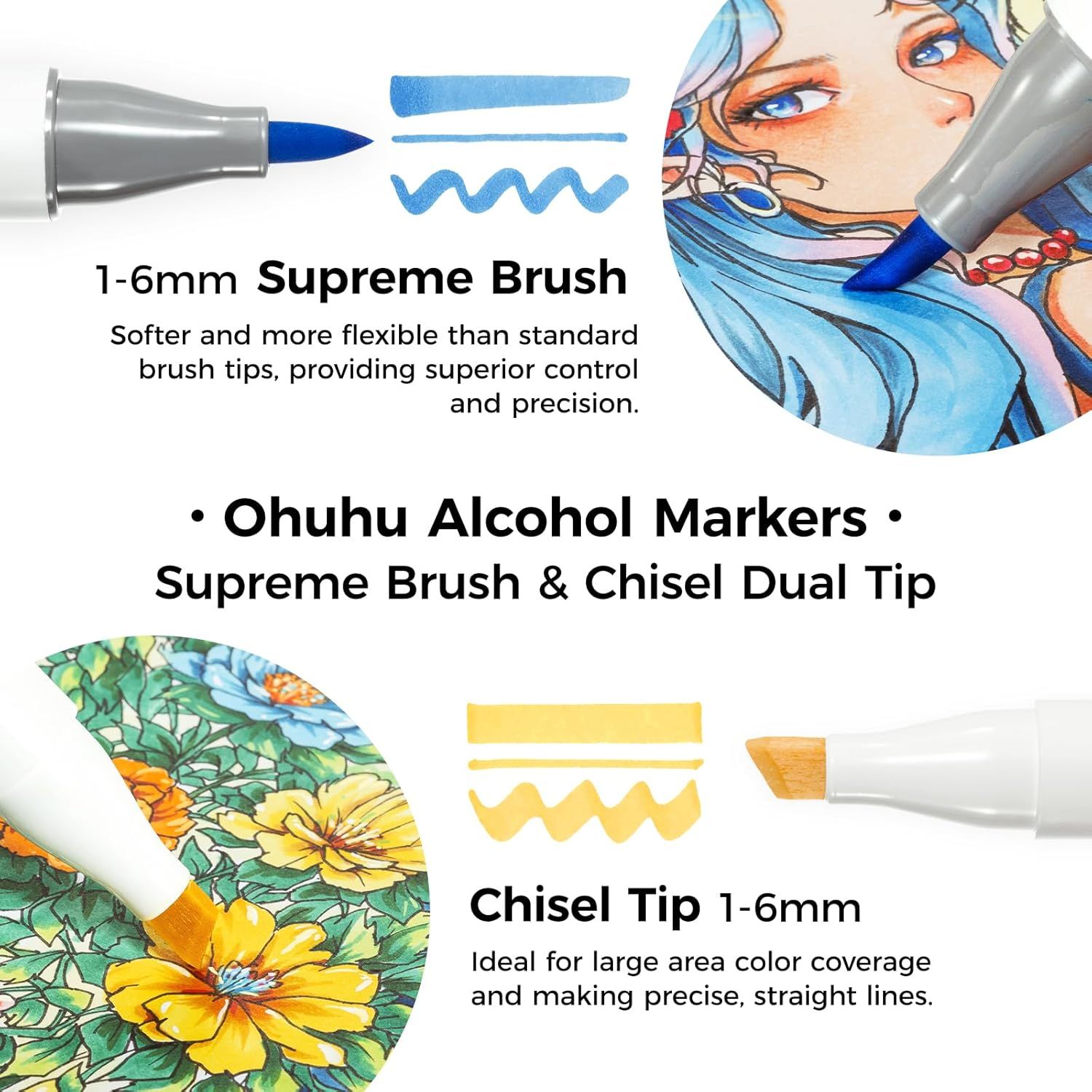 Ohuhu Alcohol Markers Brush Tip: 36-Color Supreme Brush & Chisel Double Tipped Art Marker Set for Artist Adults Coloring Illustrations Sketching- Honolulu Plus- Refillable - 36 Colours image number 6