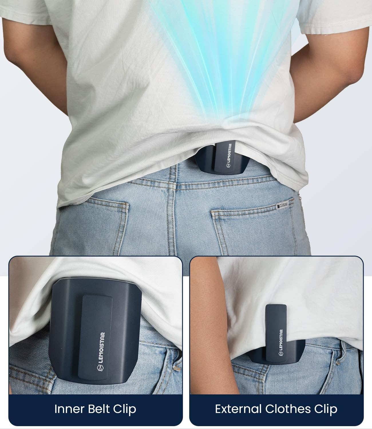 LEMOISTAR Portable Mini Waist Clip Fan, 5000Mah Battery Operated Hand-Free Wearable Necklace Fan, Max 20H Working Time, 3 Speeds, Rechargeable USB Personal Cooling Fan for Garden,Traveling-Blue image number 5