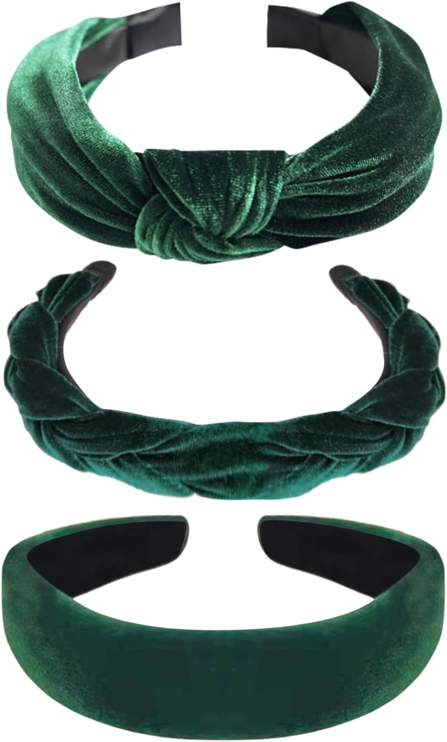 Yeomju Pack of 3 Velvet Headband Braided Dirndl Hair Accessories, Wide Padded Headband with Knot for Women and Girls, Vintage Headband in Dark Green for Carnival and Theme Party image number 3