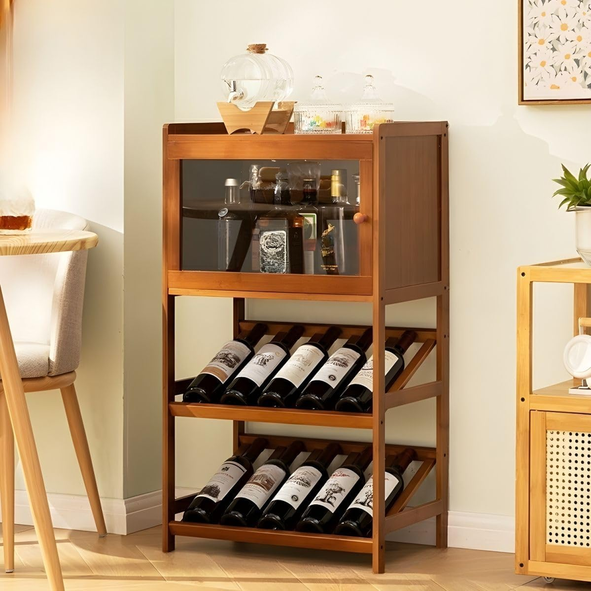 MOMOGEE Bamboo Wine Rack Cabinet 10 Bottles Freestanding Wine Glass Champagne Holder with Door Liquor Storage Display Stand for Living Room Bar Kitchen image number 6