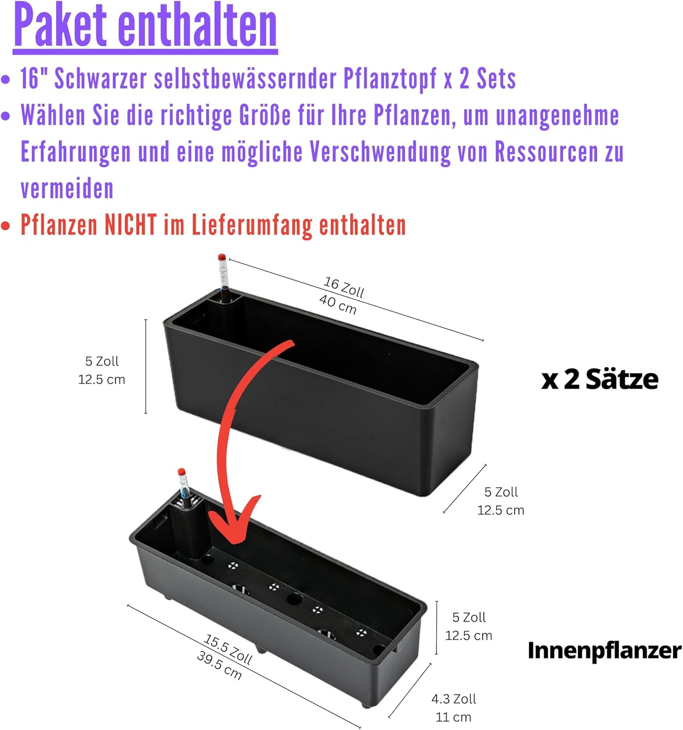 Lalagreen Planter Box for Indoor Plants (2 Pack, 16 Inch) Black Rectangular Self Watering Flower Pot, Large Window Boxes Planters with Drainage Decorative Modern Balcony Windowsill Herbs Home Garden - Black image number 2