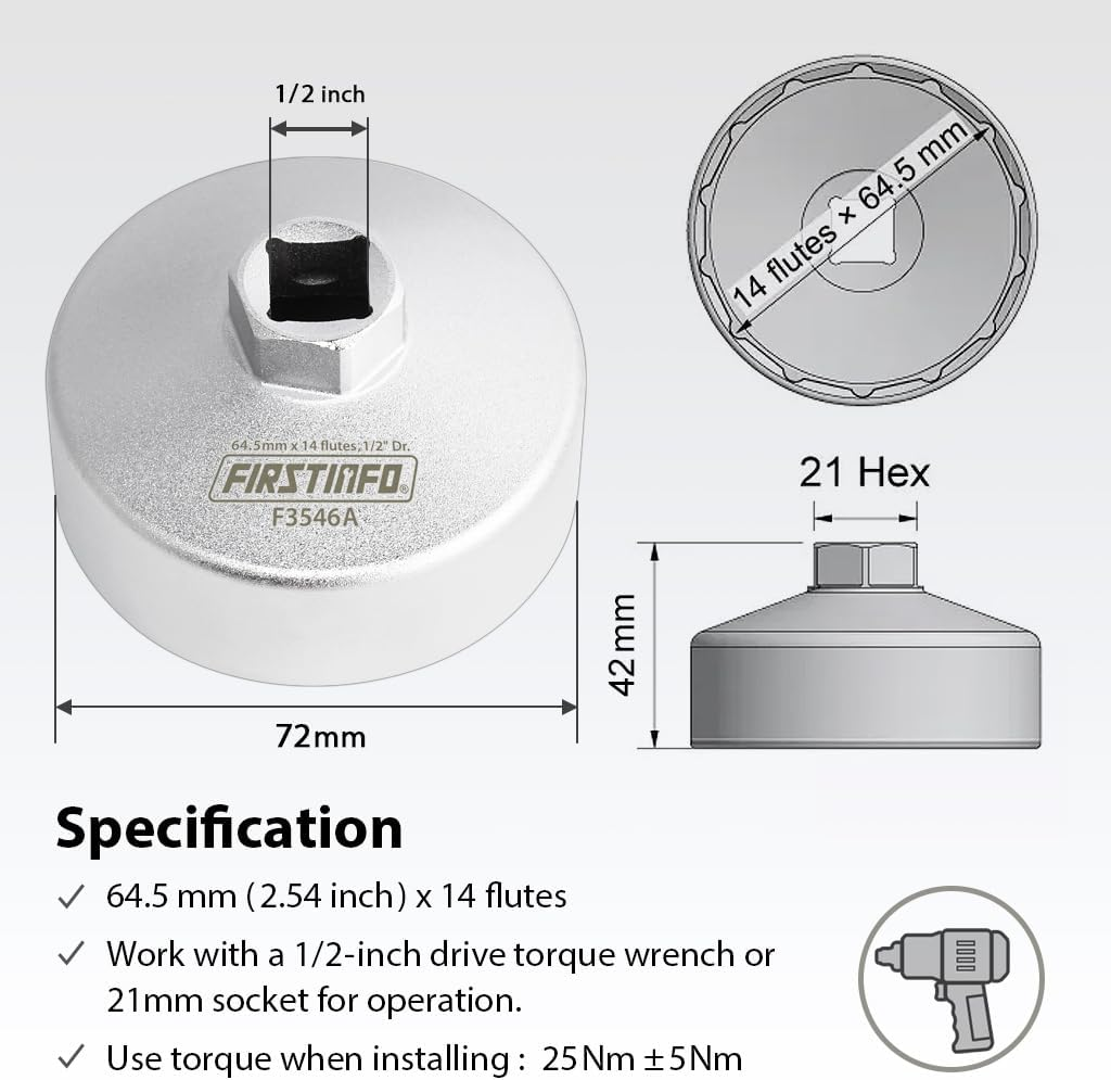 FIRSTINFO F3546A 1/2" Drive Forged Steel Oil Filter Wrench 64.5 Mm &times; 14 Flutes Compatible with Toyota and Honda image number 1