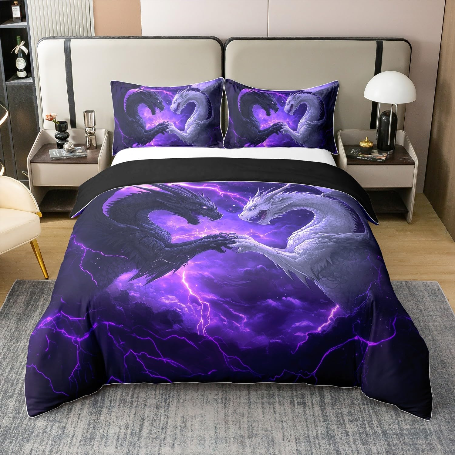 3D Dragon 100% Cotton Duvet Cover, 135 X 200 Cm, Decor, Magic Fantasy Animal Bed Linen Set for Children, Teens, Adults, Japanese Floral Comforter Cover, Dreamlike Galaxy Sky Bed Set with 1 Pillowcase