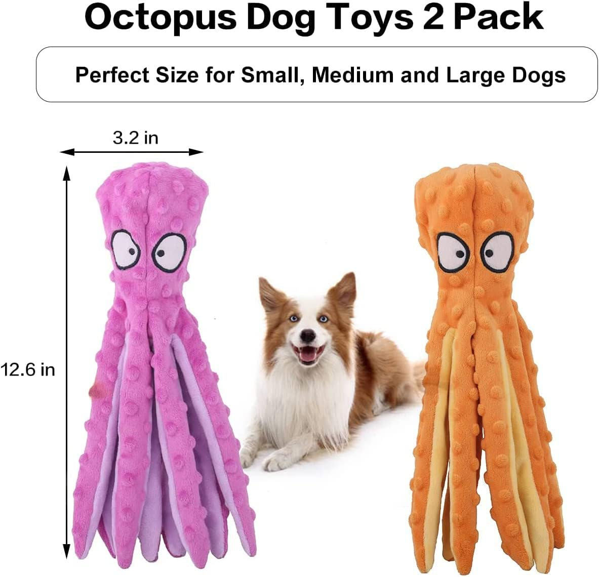 JINDUN 2 Pack Squeaky Dog Toys, Octopus No Stuffing Crinkle Plush Dog Chew Toys for Puppy Teething, Pet Training and Entertaining, Interactive Dog Toys for Puppies, Small,Medium,Large Dogs,Yellow&Pink