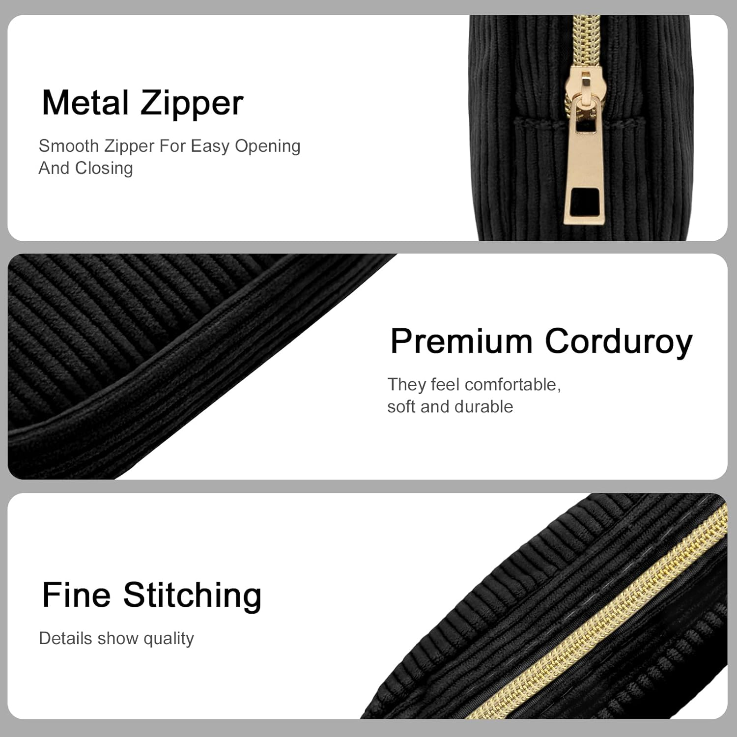 Long Keeper Small Cosmetic Bag for Women Mini Make up Bag for Handbag Solid Colour Cord Makeup Bag with Compartments Travel Makeup Bag for Women, Pure Black, Portable Cosmetic Bag image number 3