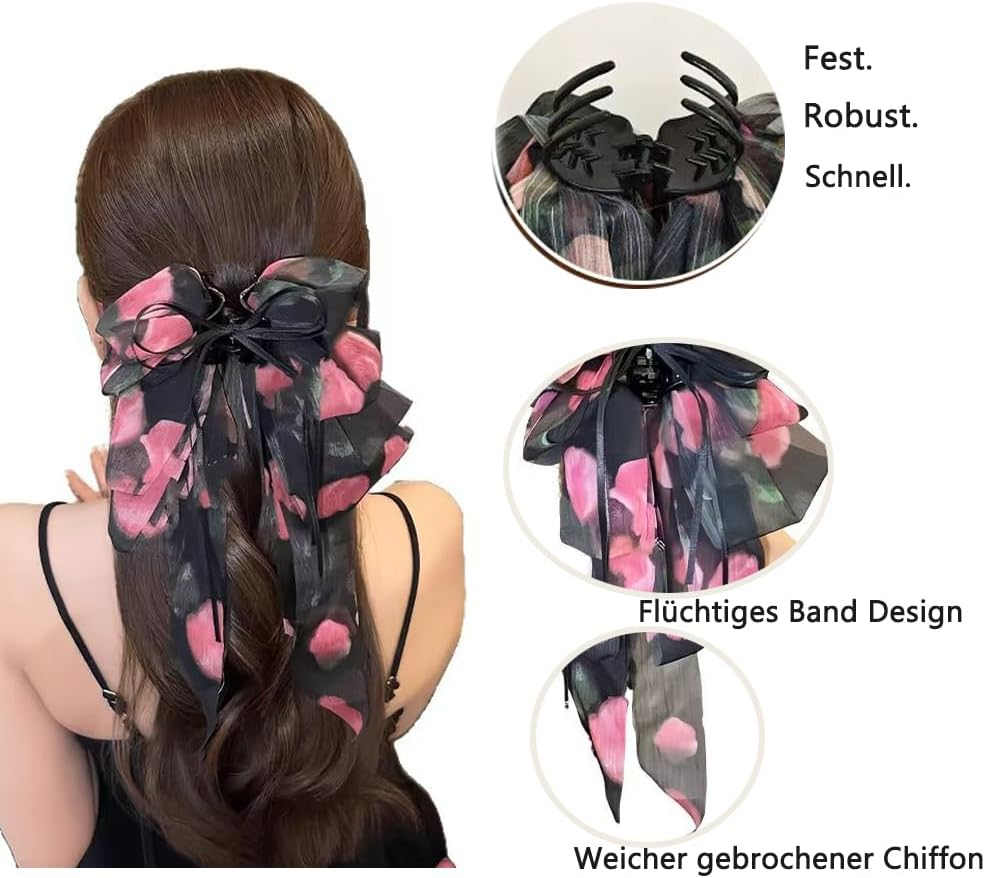 Large Bow Hair Clips with Long Ribbon Soft Broken Chiffon Ponytail Holder Shape for Women (Pack of 1) image number 2
