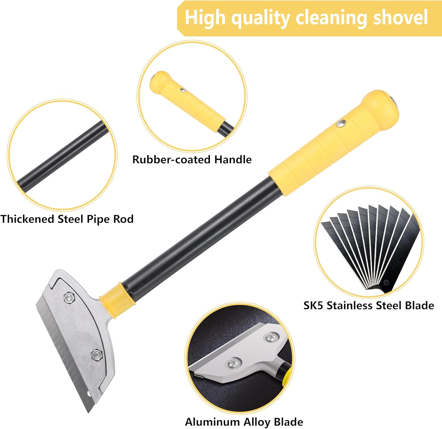 Heavy Duty Razor Blade Scraper with 30Cm Long Handle- Cleaning Scraper Tool - 10 Replacement Blades - Remove Paint, Stickers, Adhesives, Cement from Floors&Walls - Multi-Functional Scraping Cutter