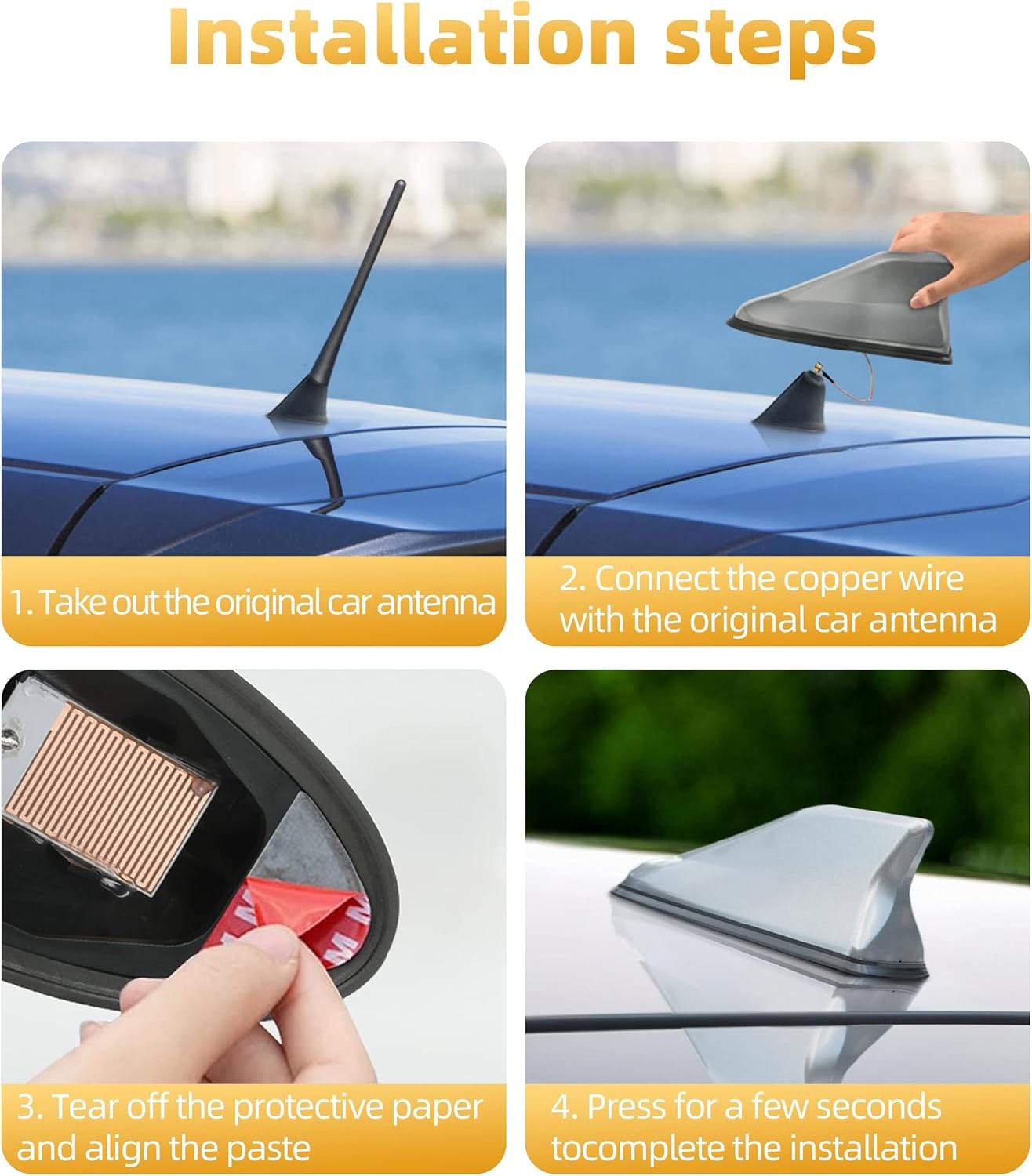 Car Shark Fin Antenna Cover,Universal Car Shark Fin Antenna AM/FM Radio Signal Roof Aerial,Car Decoration Antenna Cover with Adhesive Tape,Car Radio Base Replacement Accessories (Silver) - Black image number 5