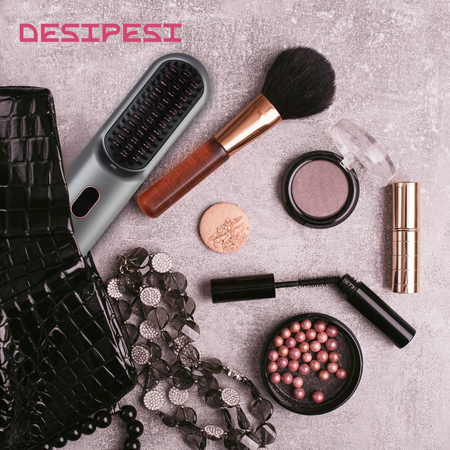 DESIPESI Cordless Hair Straightener Brush, Portable Negative Ion Hot Hair Brush, 12 Temperature Settings with Auto-Off Safety, 10000 Mah Large Battery & Mini to Carry Out (Grey) image number 1