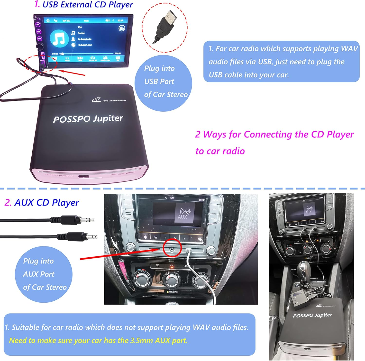 POSSPO Jupiter CD DVD Player for Car with USB Port, Portable External CD Player That Plugs into Car Laptop Desktop TV Mac Computer, Plug & Play &ndash;Upgraded with Extra USB Extension Cable image number 1