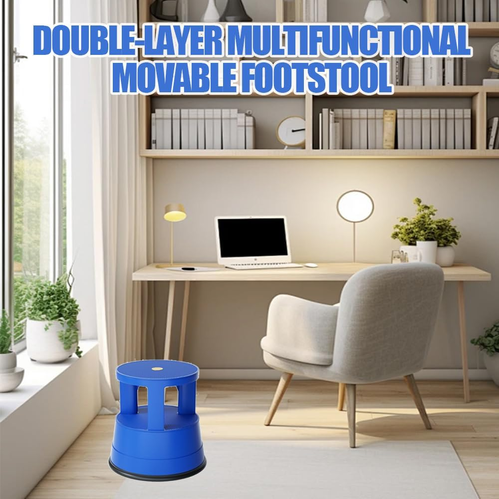 Rolling Step Stool, Movable Step Stool, Library Stool with Anti-Slip Platform, Portable round Step Stool with Wheels, Step Stool Suitable for Kitchen, Library, Office, Garage (Blue) image number 5