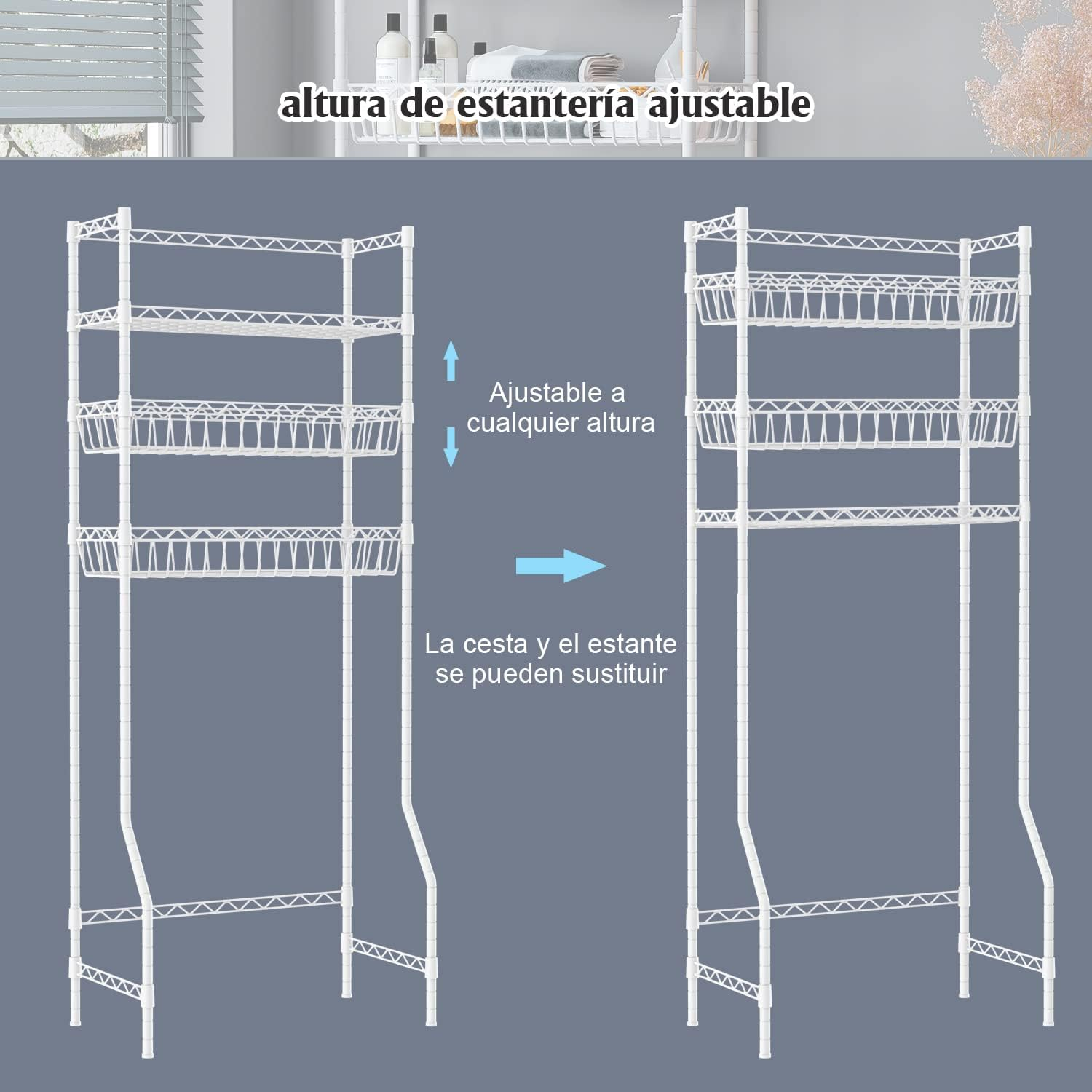 Fuyoula 3 Tier over the Toilet Storage Rack Bathroom Storage Shelf Space Saver Stand above Toilet Wire Shelves Metal Bathroom Organizer Shelf with Adjustable Shelves and Baskets (White) - Black image number 4