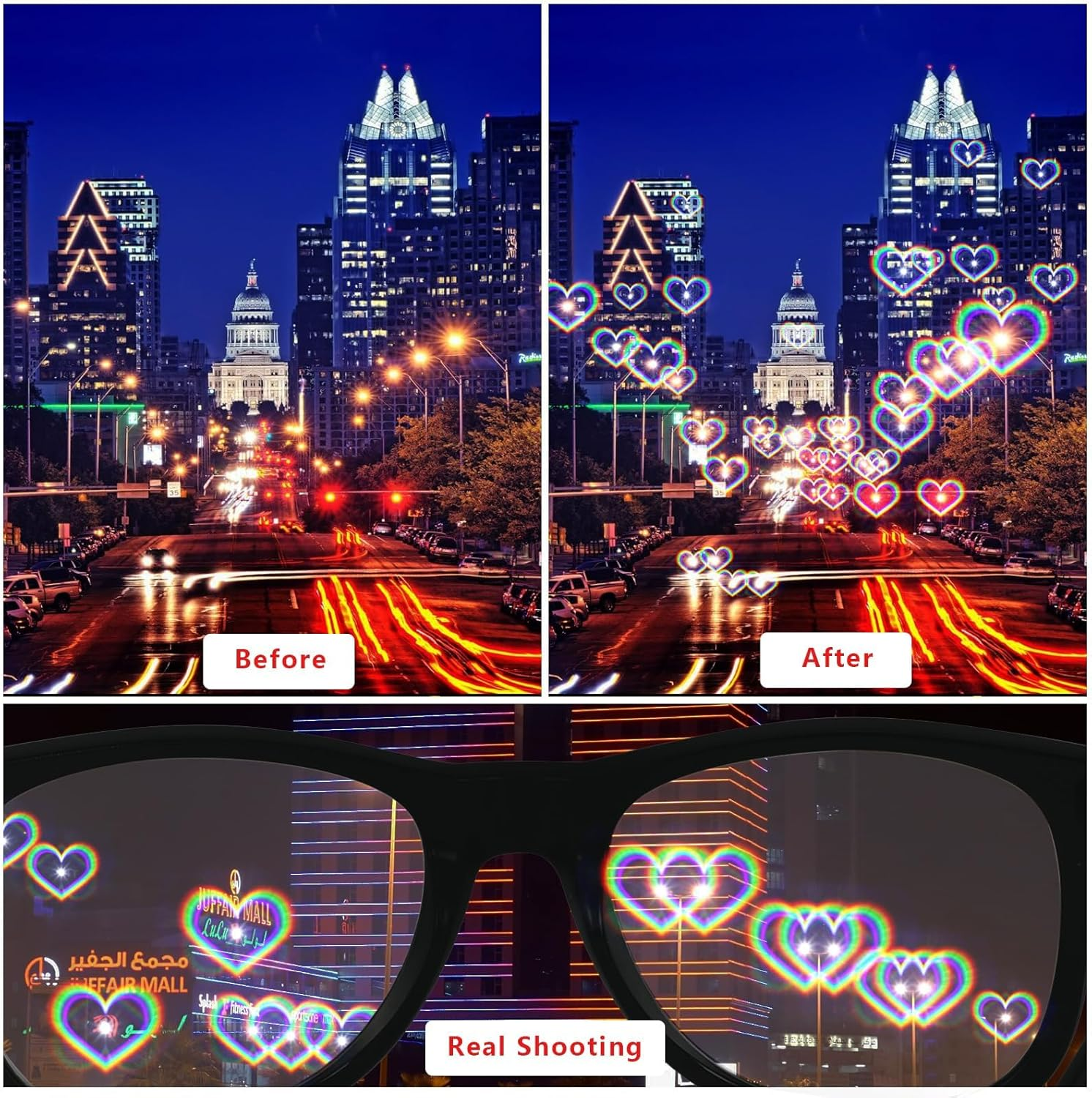 3Pcs Diffraction Glasses, 3D Prism Rainbow Heart Star Effect Light Refraction Glasses for Edm Party - Women Men Rave