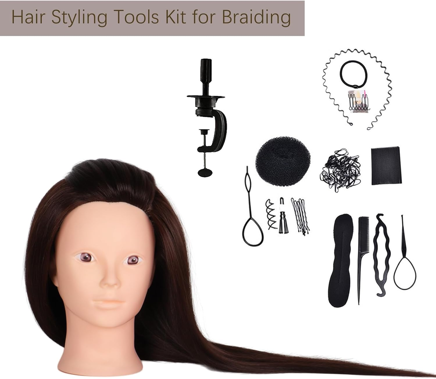 Hair Styling Training Head, 23" Dark Brown Cosmetology Mannequin Head Hairdressing Manikin Doll Head with Clamp & Styling Tools (Brown without Makeup) - Brown image number 2