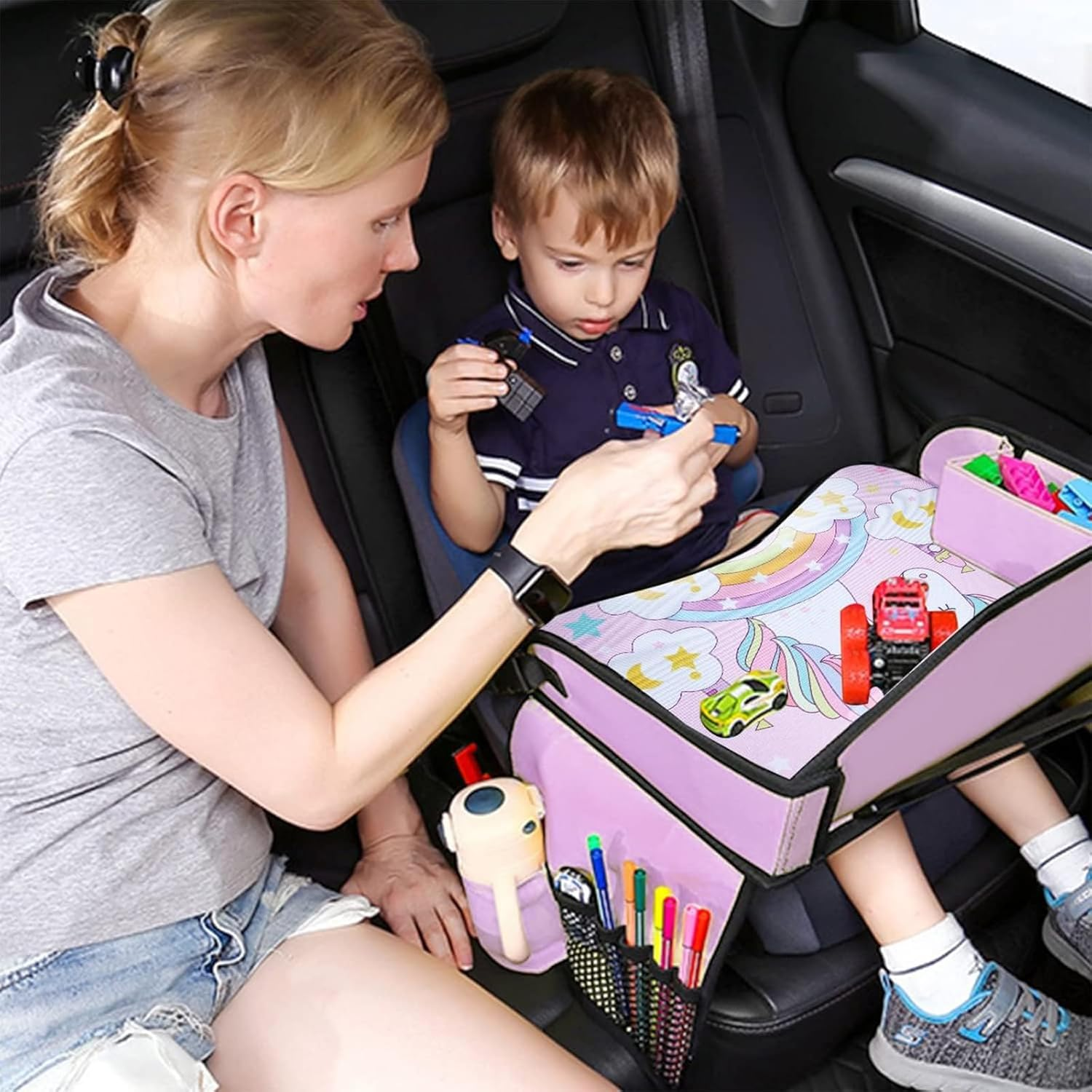 Kids Car Seat Organizer Travel Tray, Toddler Car Seat Play Tray Organizer, Portable Large Multifunction Backseat Tray Table Holder, Drawing, Food & Snack Lap Tray Carseat for Child (Pink) image number 4
