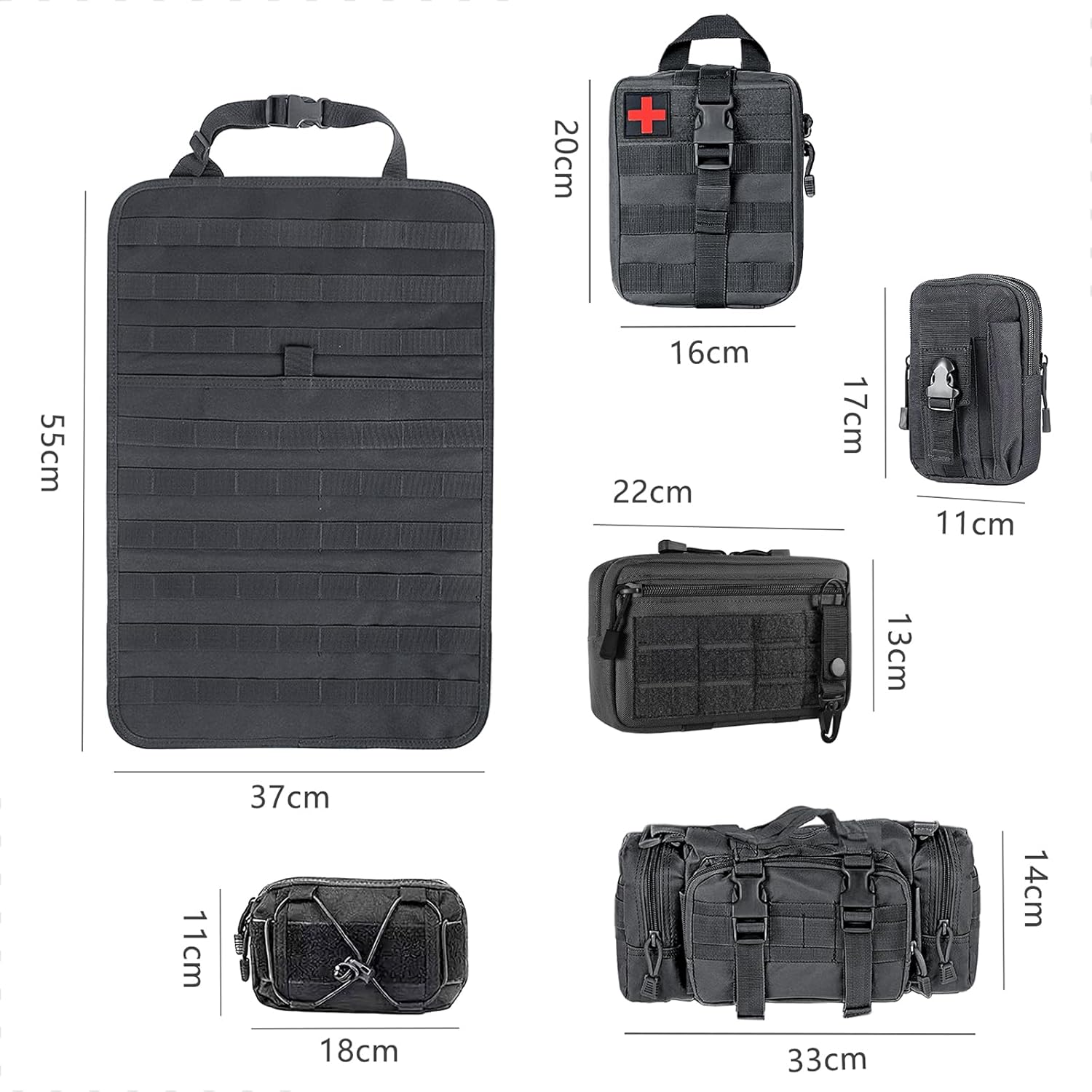 Molle Panel Tactical Car Seat Organiser, Tactical Car Seat Back Organizer with 5 Detachable Molle Pouches, Auto Accessory Vehicle Storage Universal Fit (Style II)