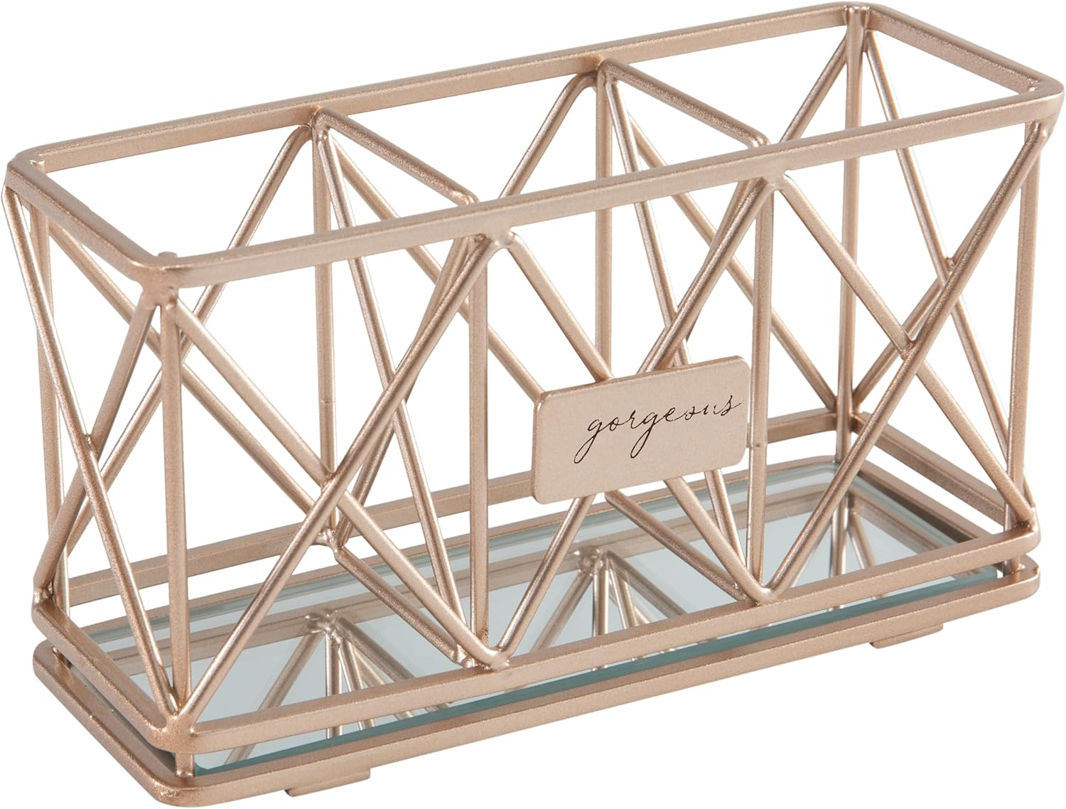 Home Details Mirrored, Pencil, Vanity Organizer, for Closet, Dresser, Bathroom, Office, Stylish Decor 3 Compartment Cosmetic Brush Holder, Rose Gold