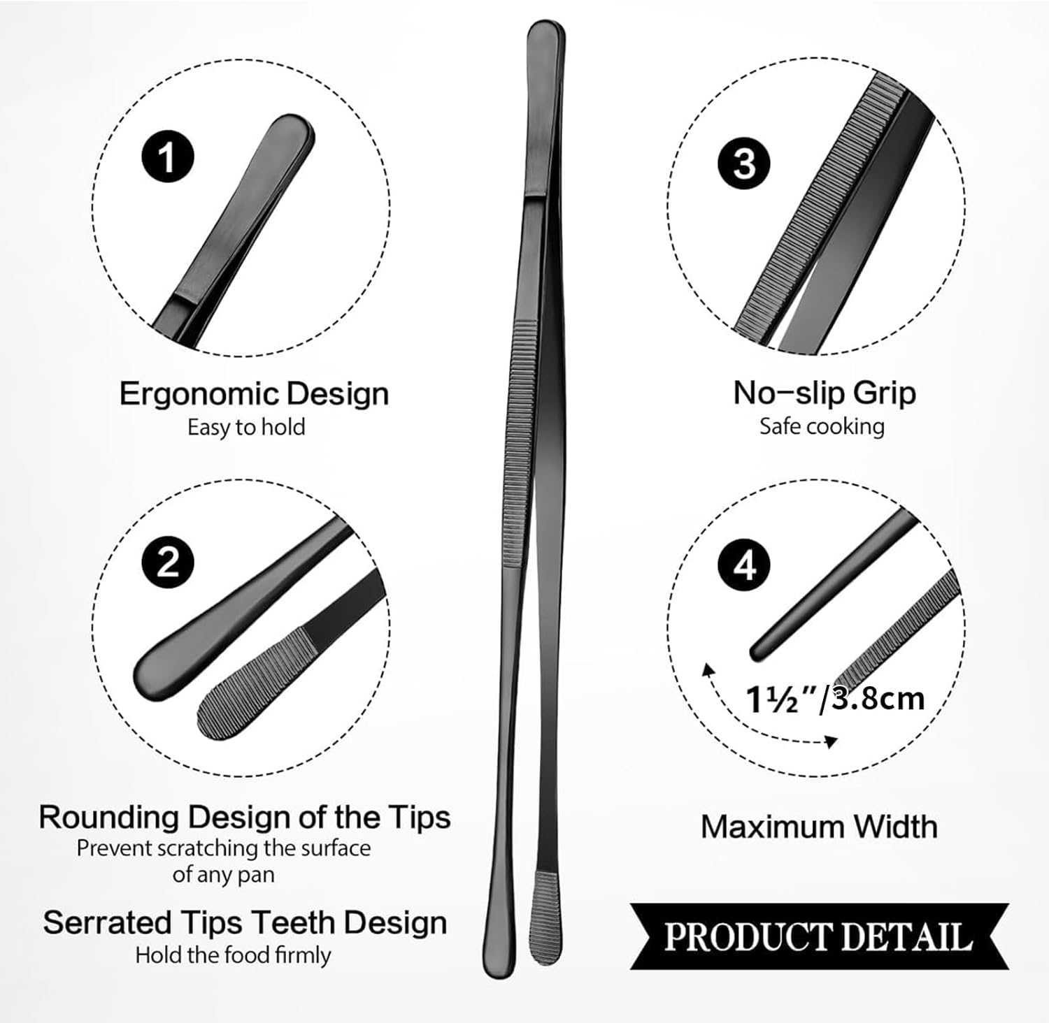 4 Pcs Black Stainless Steel Kitchen Tweezers Tongs, 25 CM & 30 CM Culinary Precision Straight Tongs, Serrated Tip and round Tip Tweezer Set for Cooking, Bartending, BBQ, and Repairs image number 4