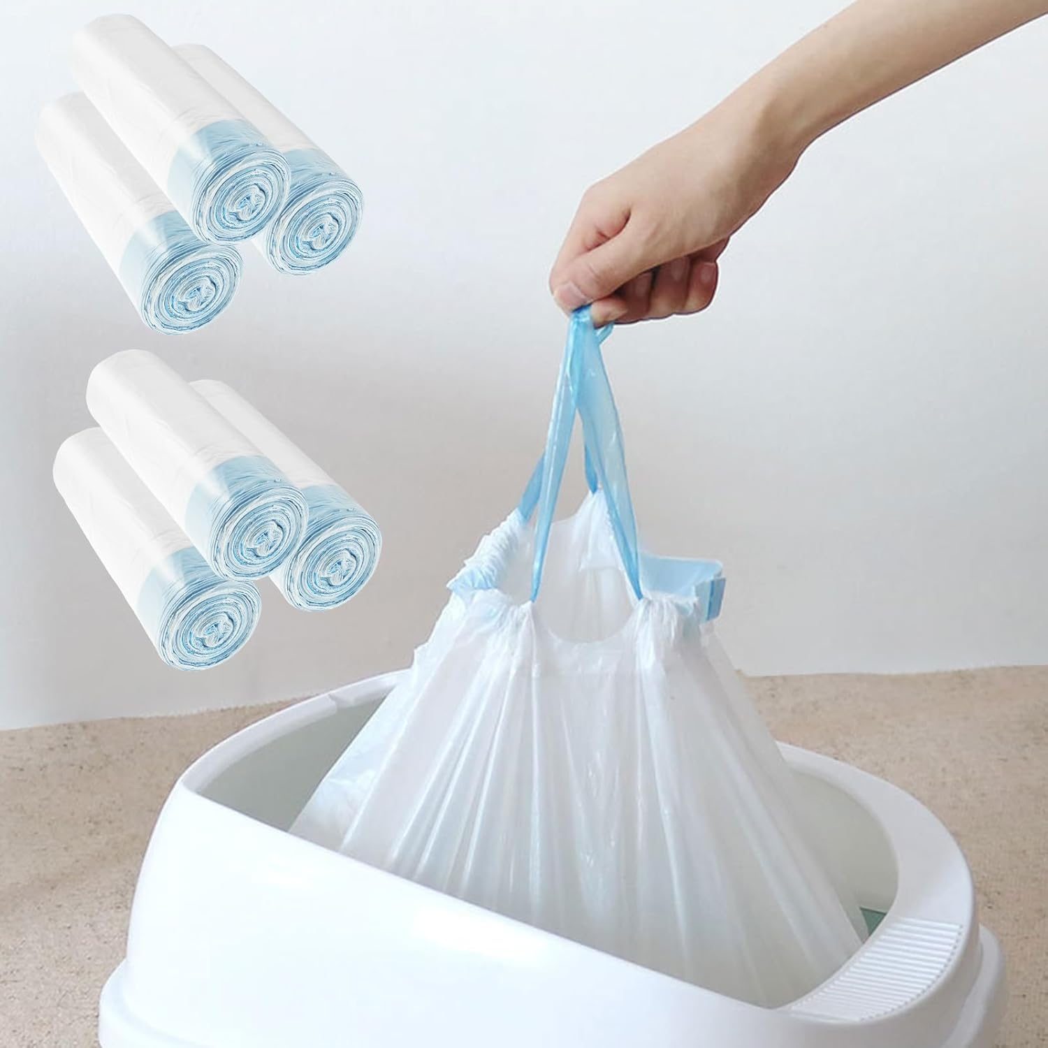 60 Count Extra Thick Cat Litter Box Liners, Large Drawstring Bags, Tear Resistant Pet Garbage Bags for Self Cleaning Litter Box (67X40Cm)