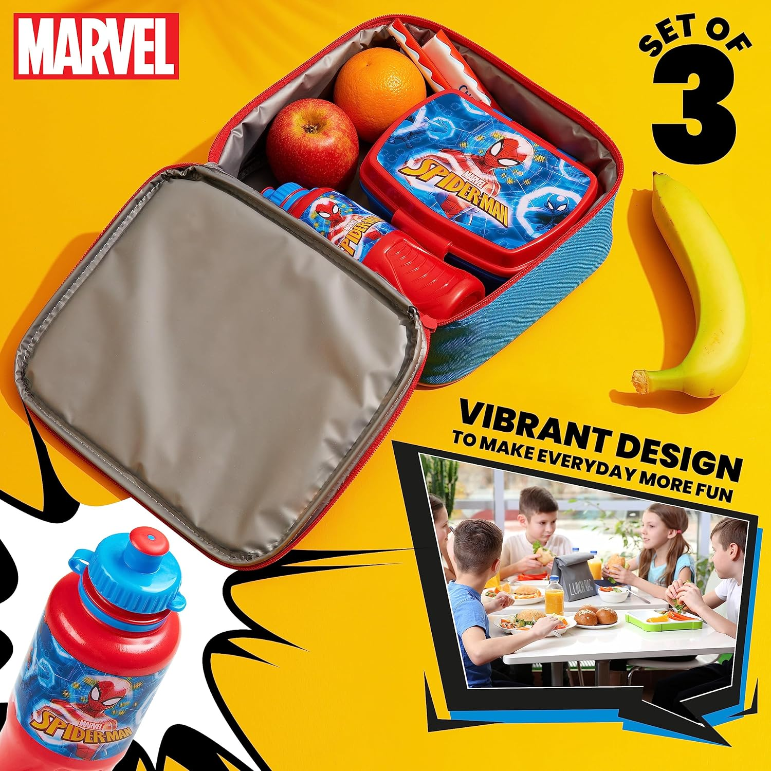 Marvel Kids Lunch Box 3 Piece Set Avengers Insulated Lunch Bag Snack Box 430Ml Spiderman Water Bottle BPA Free School Travel Captain America Iron Man Thor (Multicolor Spiderman)