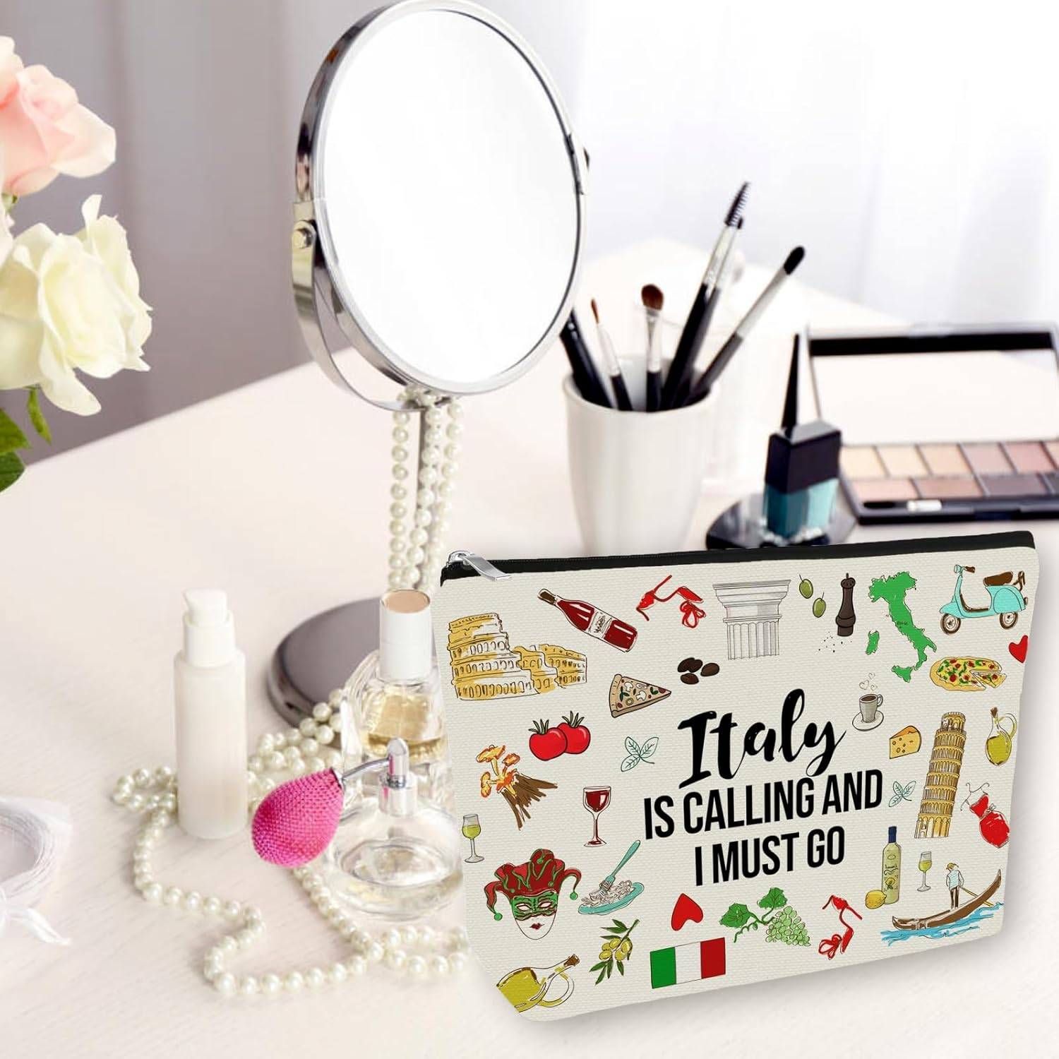 Girlly Inspired Country Travel Gift: Makeup Bag Country for Teen Girl & Women Travellers.Ideal Gift Cosmetic Bag for Travel, Parties, Birthday, & Christmas., off White, Italy image number 1