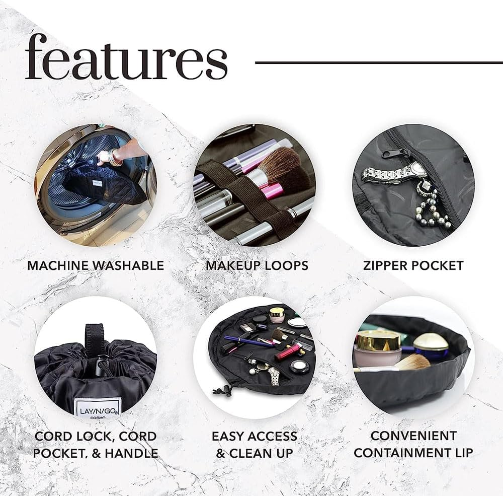 JZS Lazy Makeup Toiletry Bag, Drawstring Cosmetic Makeup Bag Organizer Portable Quick Pack Toiletry Bag for Travel, Gifts, and Daily Use(Flower and Black) image number 3