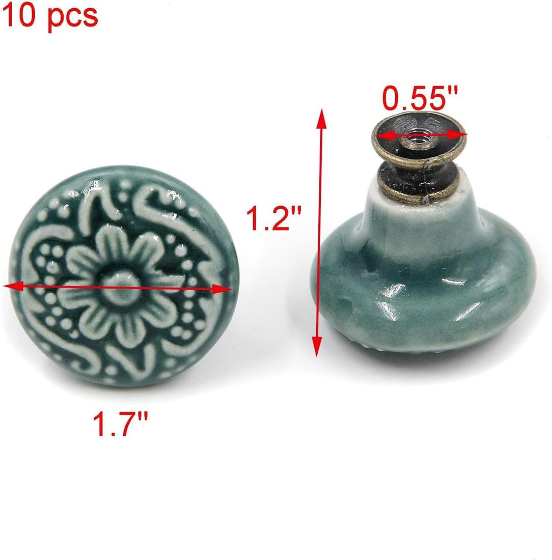 10Pcs Ceramic Knobs Decorative Knobs, Drawer Cabinet Drawer Knobs Pull Handle Door Knobs, Furniture Pull Tool with Mounting Screw, Vintage Floral Cabinet Knobs Kitchen Home Decor (Green) image number 3