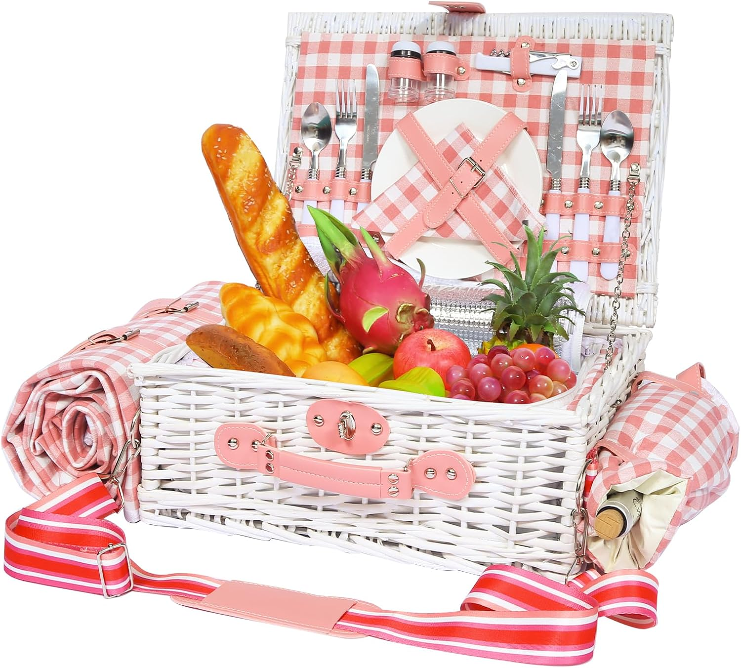 Picnic Basket for 2 with Waterproof Blanket and Wine Pouch, Insulated Wicker Picnic Basket Set, Large Willow Hamper for Outdoor, Beach, Camping, Couples, Wedding Gift, Pink - Blue And White Grid image number 2