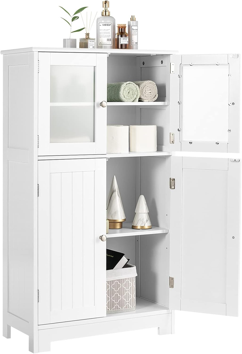 Giantex Bathroom Storage Cabinet, Kitchen Pantry Cabinet W/Tempered Glass Doors & Adjustable Shelf, Freestanding Wooden Floor Cabinet W/Anti-Toppling Device for Dining Room & Living Room (White)