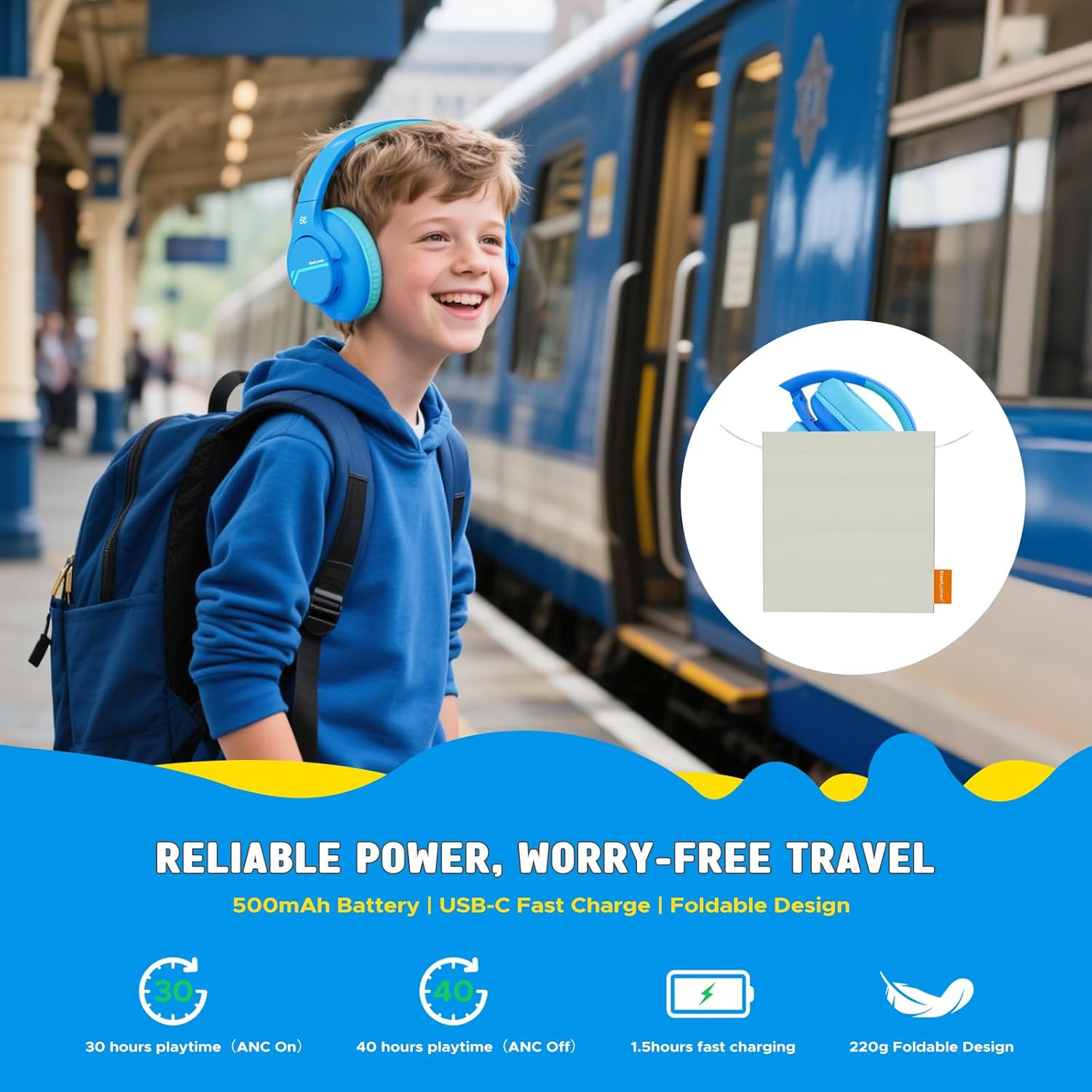 Steellumen Nova1Lite Kids Wireless Active Noise Cancelling Headphones, Bluetooth 5.3, Safe Volume 74/85/94Db, Real 40H Battery, Type-C Fast Charging, Built-In Mic for School Travel Airplane, Blue image number 5