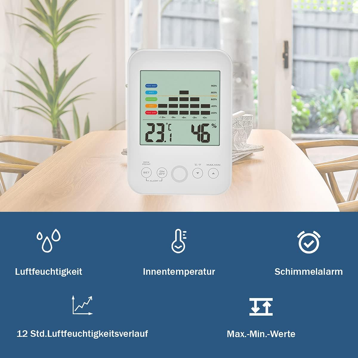 TFA Dostmann Thermo-Hygrometer Digital Indoor 30.5046.02, Maximum Min Function, 12 Hours Humidity Humidity, Alarm in Case of Mould, White image number 2