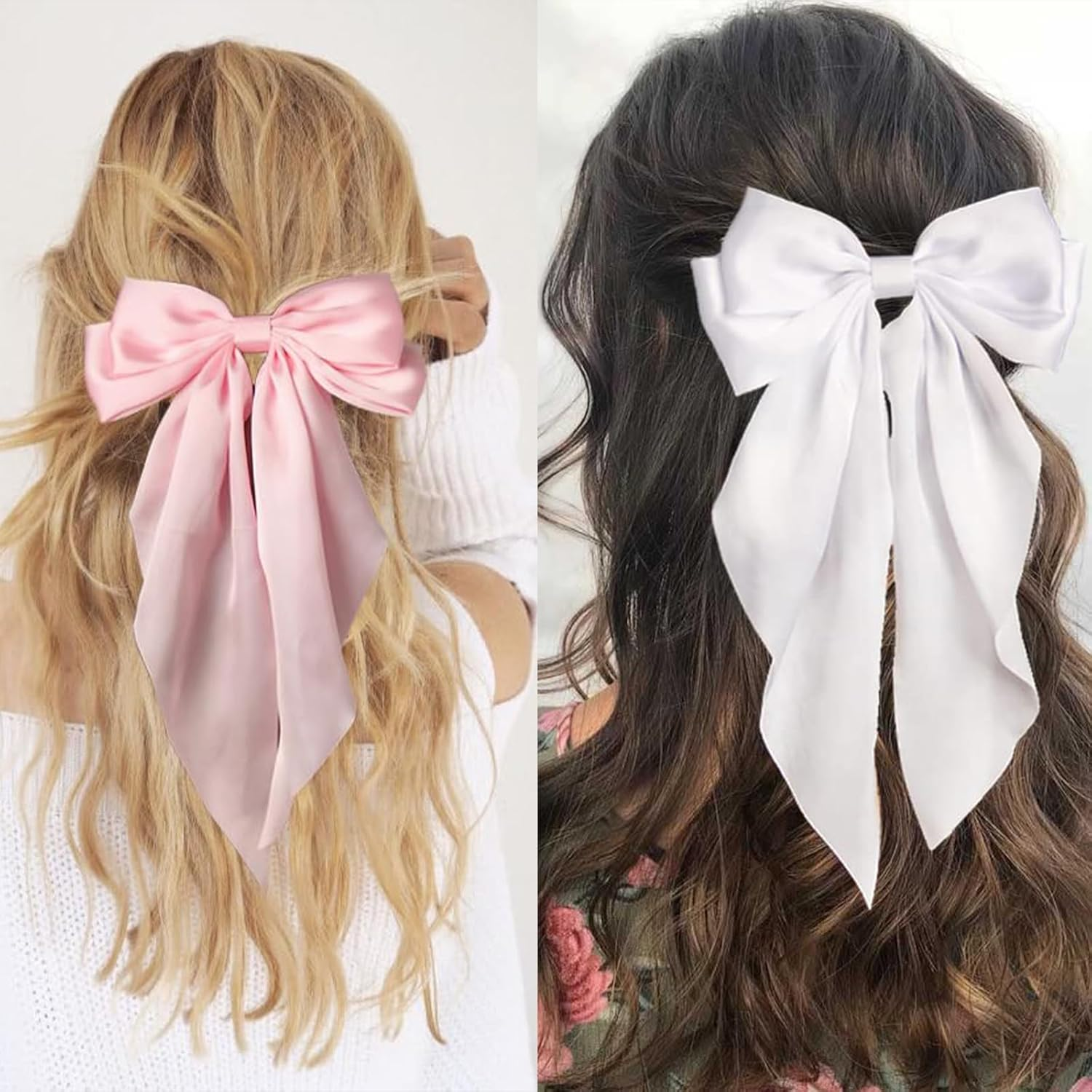 Kinretixia&reg; 2 Pieces Hair Bow Clips for Women Large Satin Hair Bows Long Tail Alligator Clips Big Hair Bow Girls Hair Pink/White image number 5