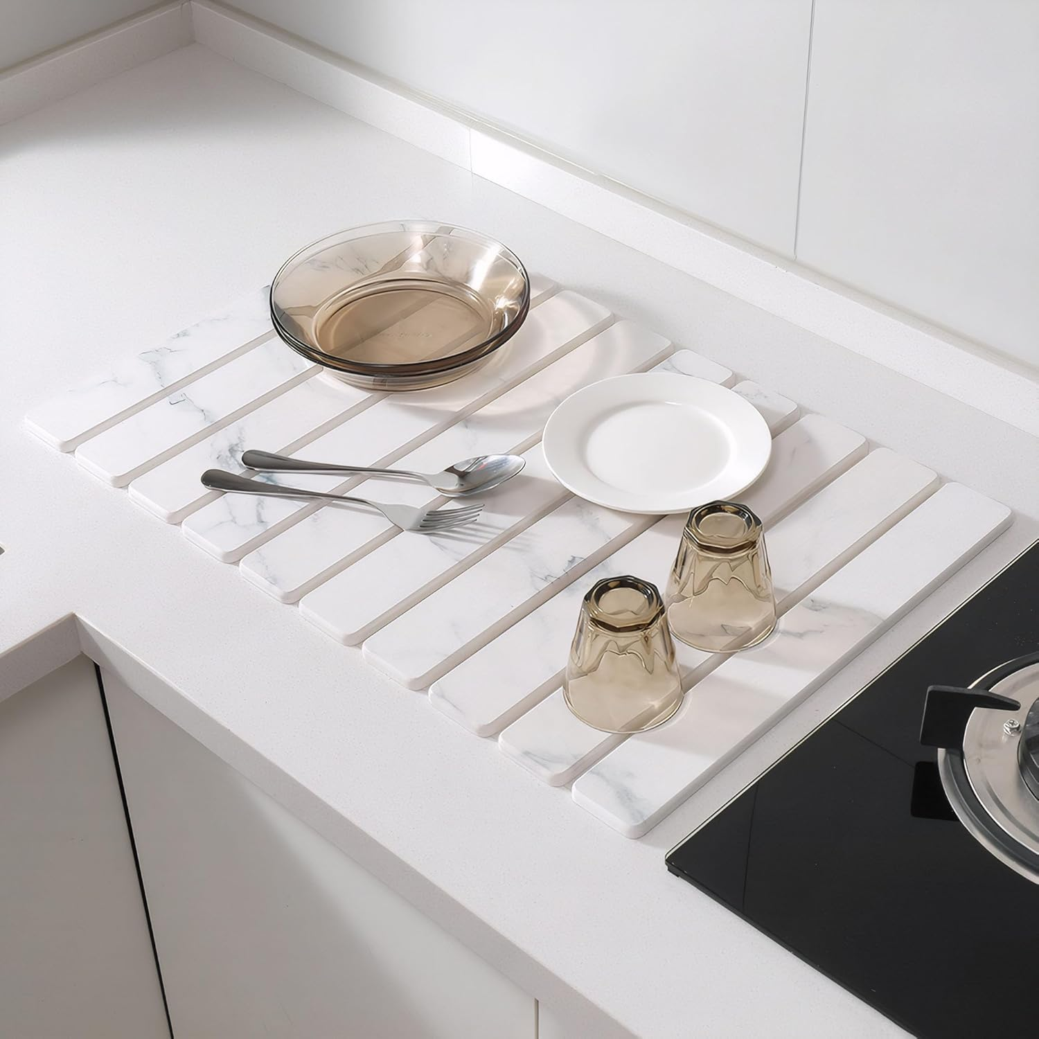 Kitchen Counter Stone Dish Drying Mat Foldable Absorbent Quick Dry Heat-Resistant Diatomite Pad (Grey) image number 5