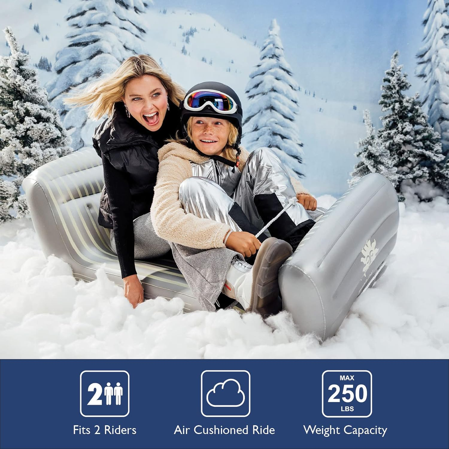 FUNBOY Inflatable Sleigh - Two Person Capacity Winter Snow Sled with Handles, Pull Rope, Rubber Base Tracks, Silver, Single - Retro image number 4