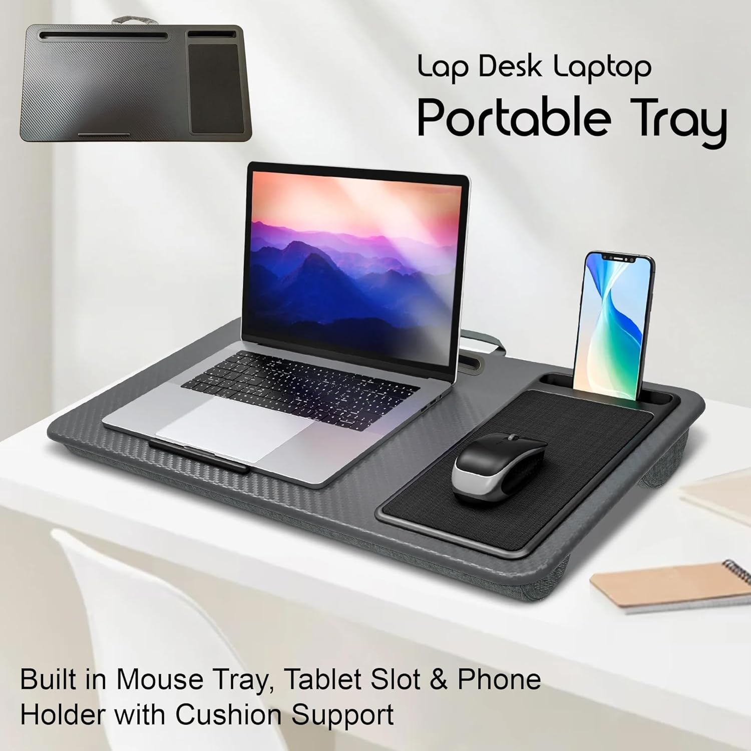 Lap Desk Laptop Tray with Cushion Support | Portable Laptop Stand with Built in Mouse Pad and Phone Holder | Lightweight Bed Sofa Floor Tablet Desk for Home Office and Travel image number 1
