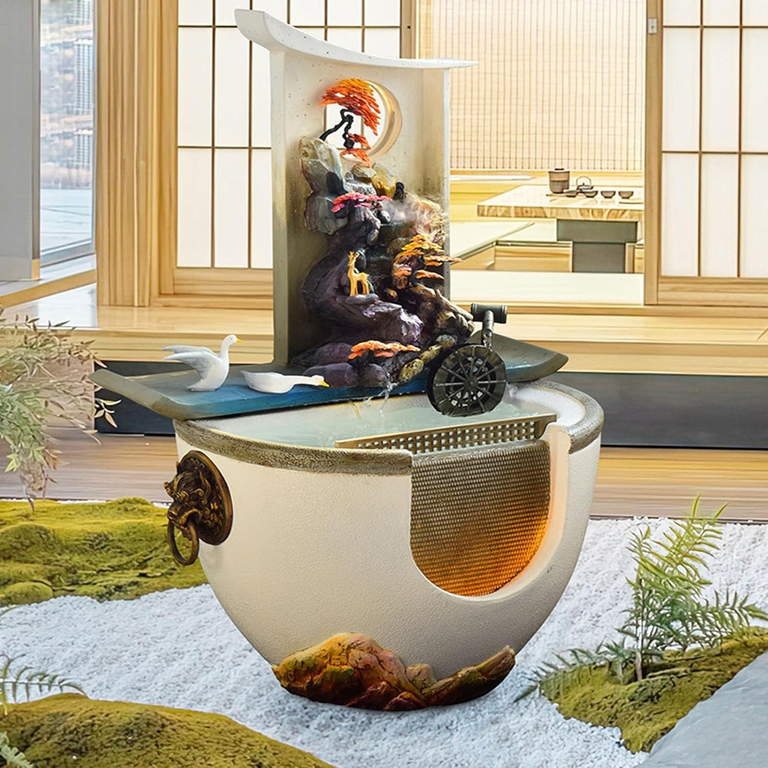 Outdoor Fountain New Chinese Water Fountain with Feng Shui Wheel and Fish Pond, Decorative, Circulating Landscape Ornaments, Suitable for Living Room, Office, Courtyard(Yellow) - Green image number 5