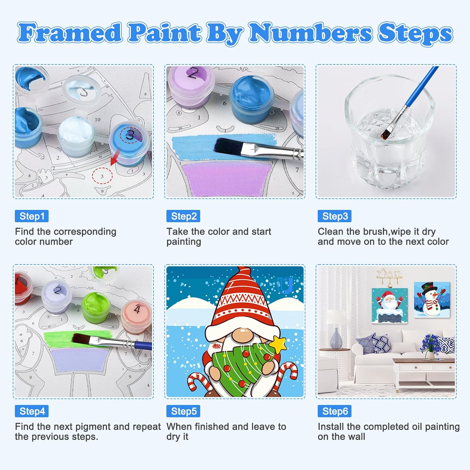 NAIMOER 4 Pack Framed Paint by Numbers Christmas for Adults Kids, DIY Painting by Numbers Gnome Snowman for Happy New Year, Art on Canvas Gifts Home Wall Decor 8X8In image number 6