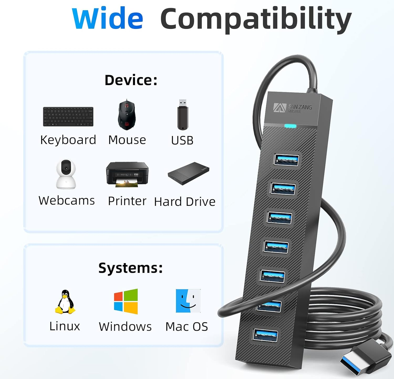 SAN Zang 7 Port USB Hub, USB 3.0 Hub with 100Cm Cable, USB Distributor with 5V/3A Power Supply Port, Data Hub for Laptop, Macbook Pro/Mini, PS, Mobile HDD, Printer, Camera and More, without Power image number 4