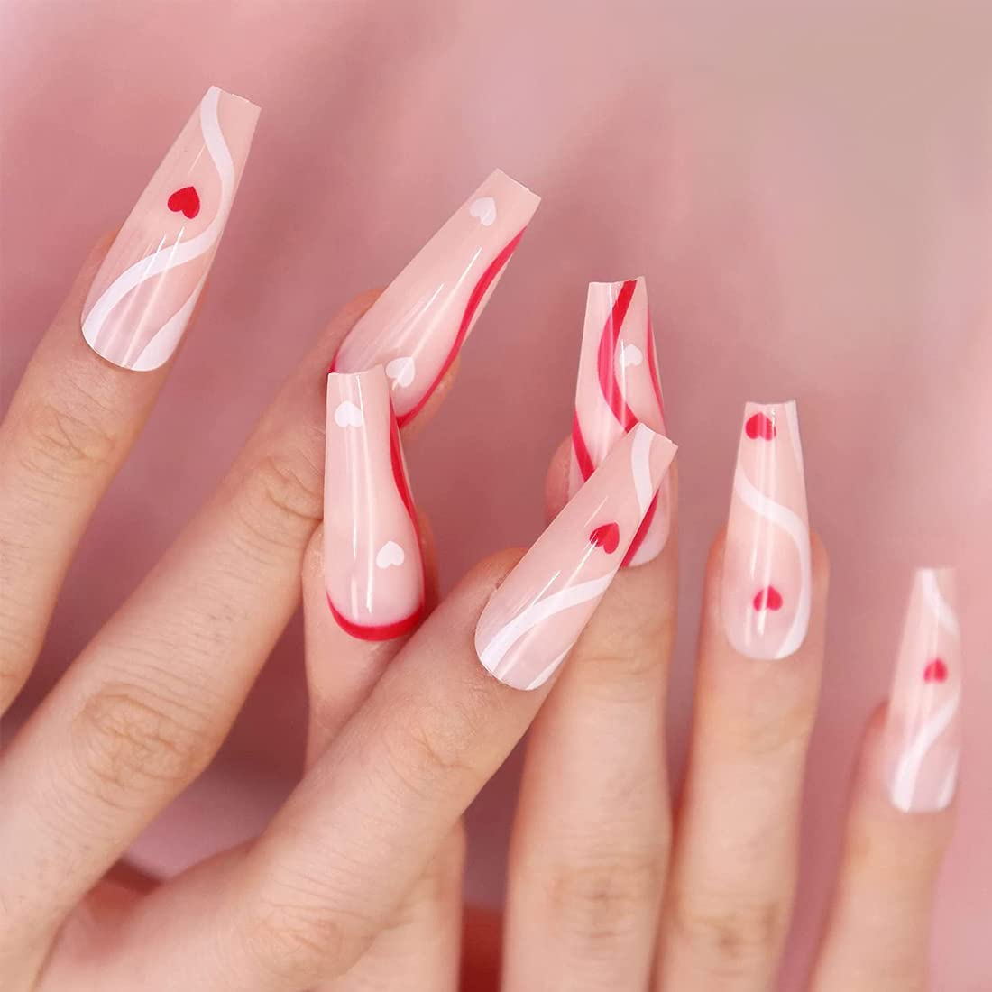 Glossy Pink Ballerina False Nails Long Coffin Press on Nails Full Cover Artificial Nails with Swirl Heart Design for Women and Daily Decoration 24PCS image number 3