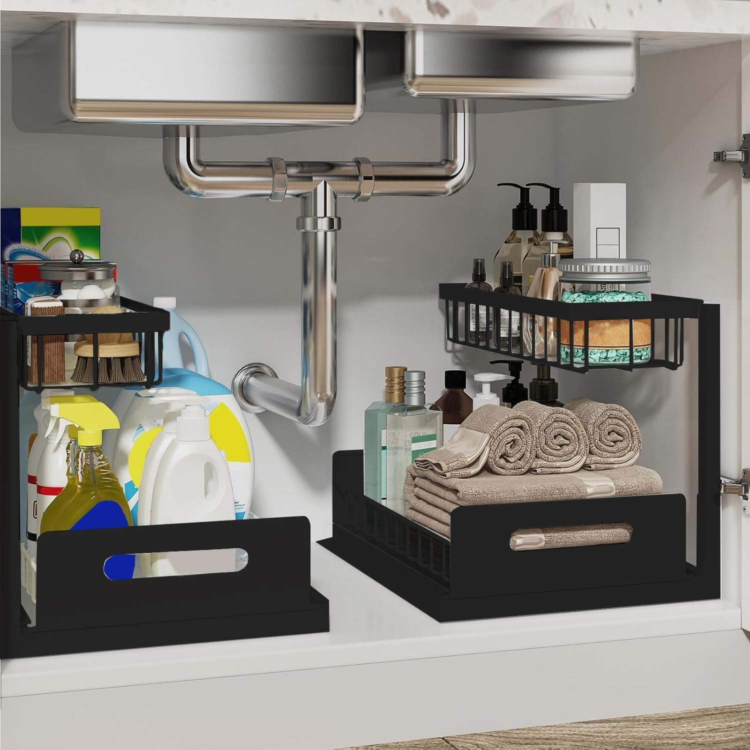 2 Pack under Sink Organizer, 2 Tier Slide Out Cabinet Storage Shelves, Multi-Purpose Metal Oragnizer for Home,Kitchen,Bathroom (Black)