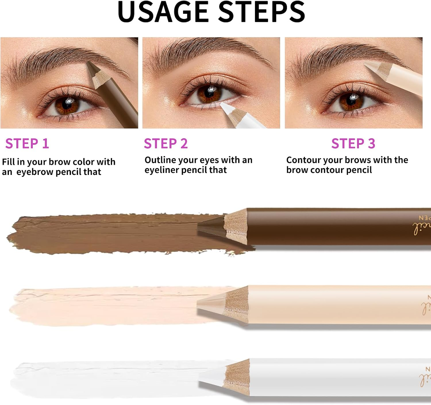 Apooliy 3 in 1 Eyebrow Pencil Set - Waterproof Long Lasting Eyebrow Pen, Matte White Eyeliner, Translucent Brow Contour - Women Eye Makeup - Dark Brown image number 2