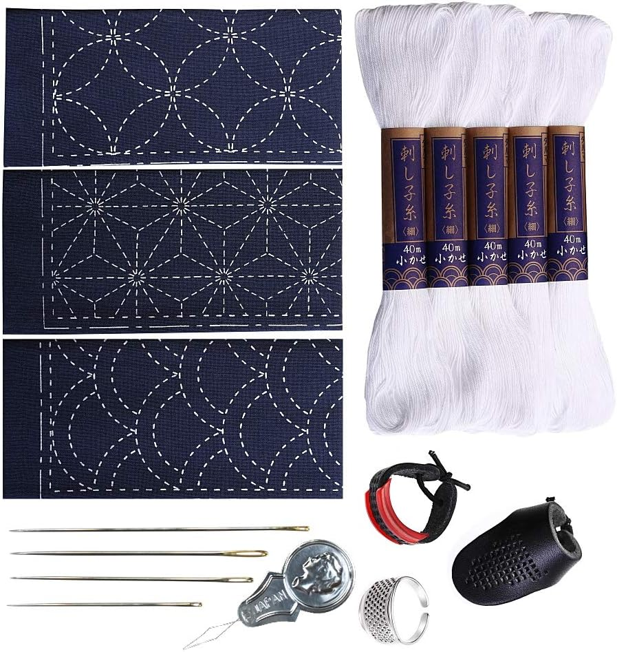 Sashiko Kit, Yokota Sashiko Thread, Needles and Template Yume Fukin with Original English Manual, Thimble Sewing Set, Fabric, Japanese Textile (White Thread/Navy Dishcloth) image number 6