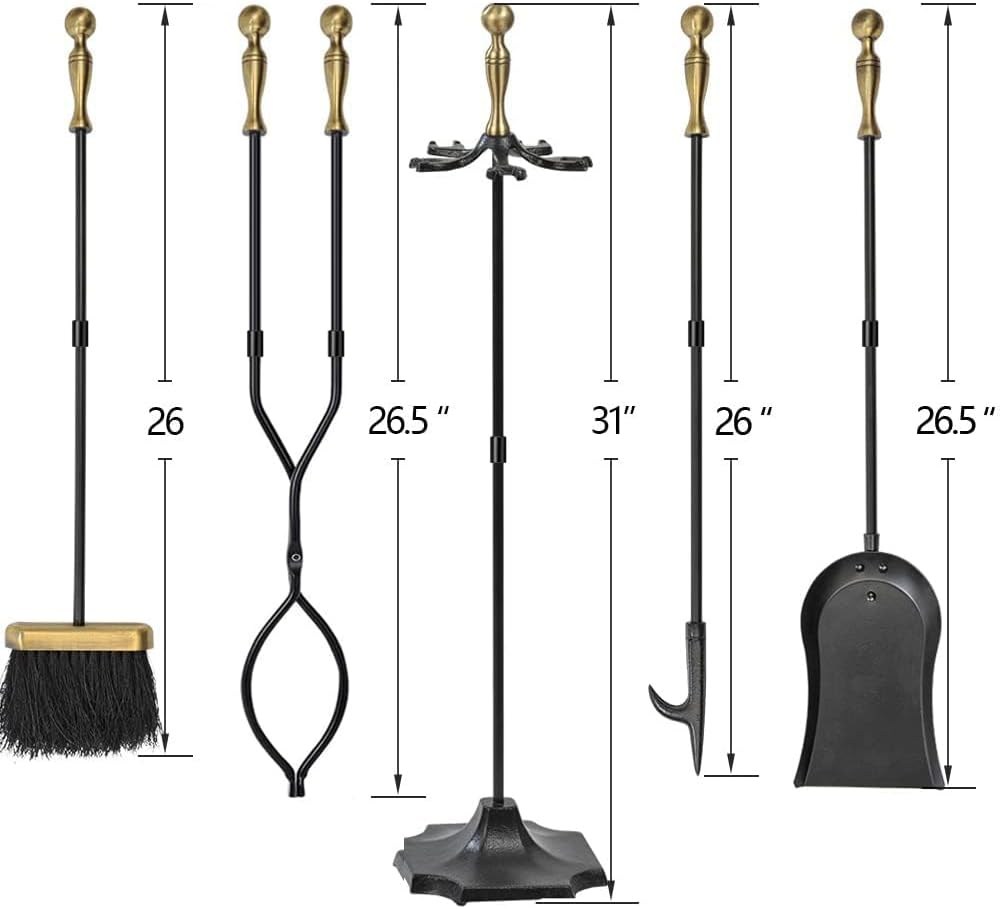 AMAGABELI 26.5 Inches (67.3 Cm) 5-Piece Fireplace Tool Set Fireplace Set with Wrought Iron and Interior Fittings Fireplace Accessories Fireplace Stand Fire Tongs Shovel Antique Brush Chimney Poker