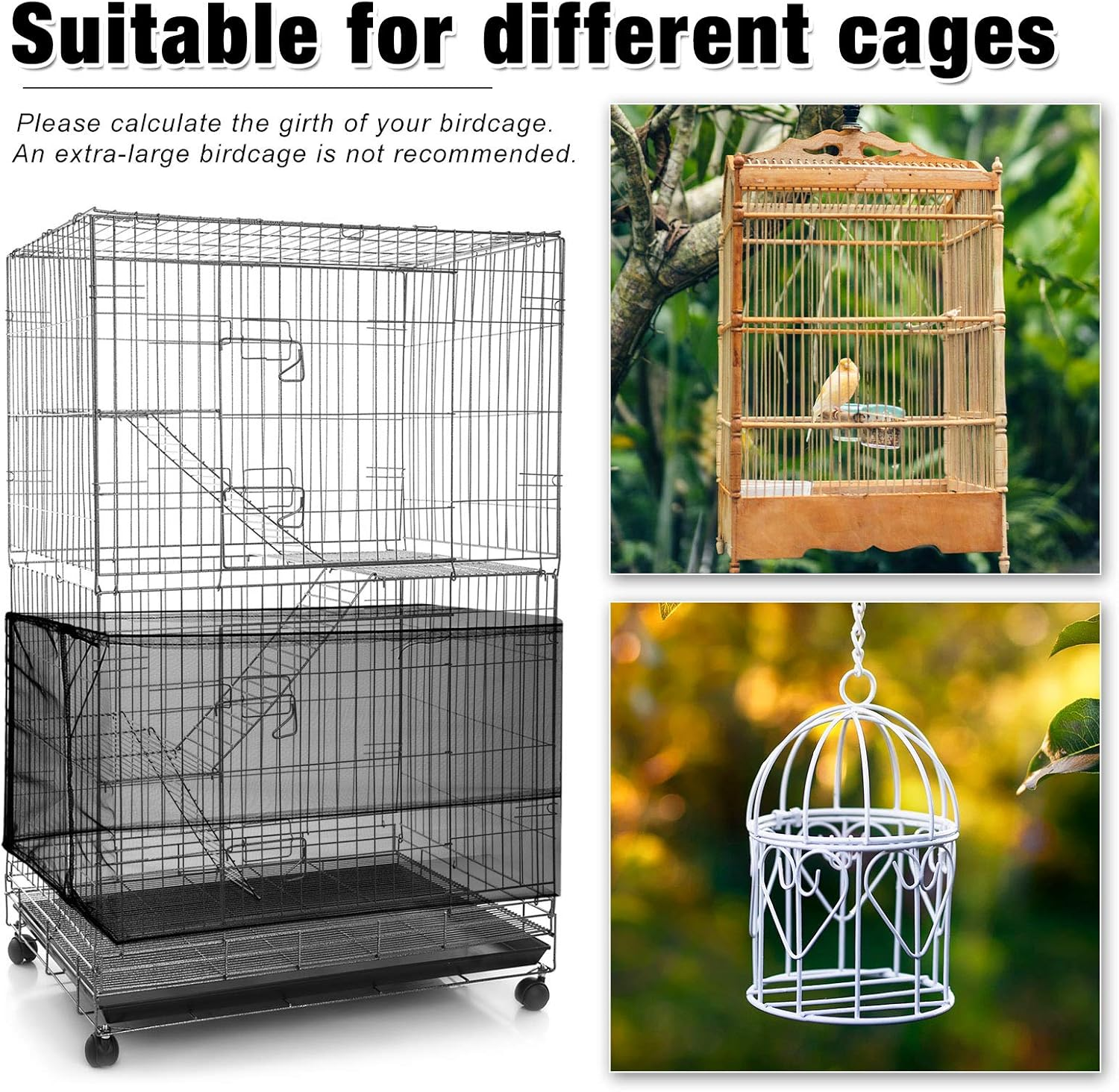 3 Pieces Large Adjustable Bird Cage Cover Seed Feather Catcher Birdcage Nylon Mesh Net Cover Soft Skirt Guard for Parakeet Macaw African round Square Cage (78 X 15 Inch in Circumference and Width) image number 4