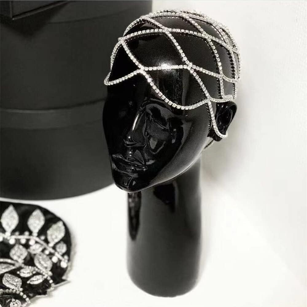 Rhinestone Mesh Headpiece Cap Silver Roaring 20S Crystal Flapper Head Chain for Women Girls, Head Jewelry Art Deco Bridal Party Hair Accessories image number 2