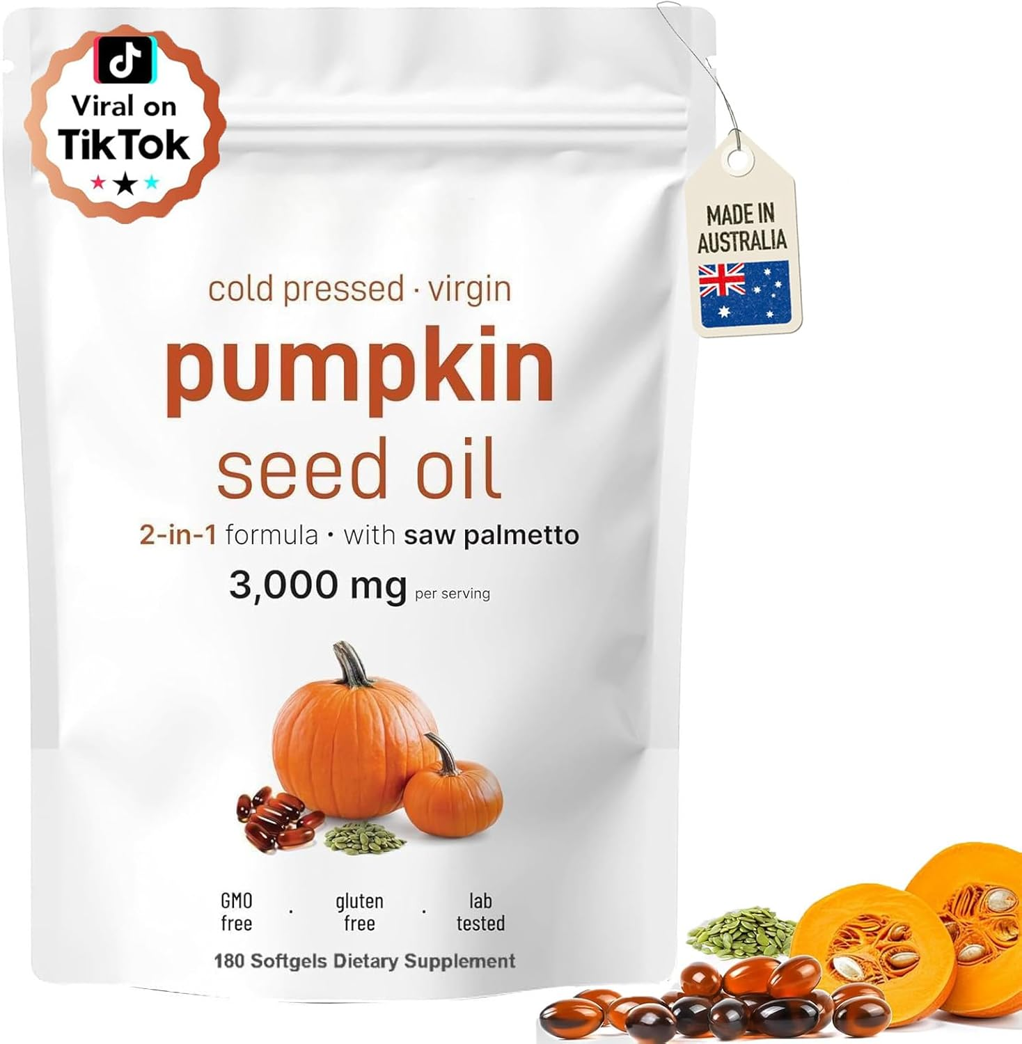 Pumpkin Seed Oil Capsules with Saw Palmetto &ndash; 3000Mg Cold-Pressed Blend for Hair Growth, Prostate & Urinary Support &ndash; Non-Gmo Herbal Supplement (180 Softgels) image number 2