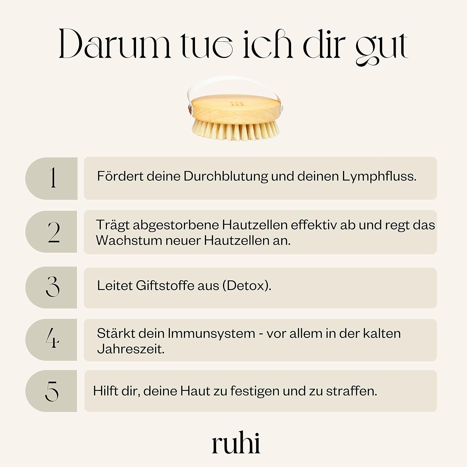 RUHI Body Brush round 100% Natural Bristles Made in Germany/Fsc Certified Beech Wood/Plastic Free/For Dry Brushing Massage (Dry Brush) / Lymphatic Drainage against Cell image number 2