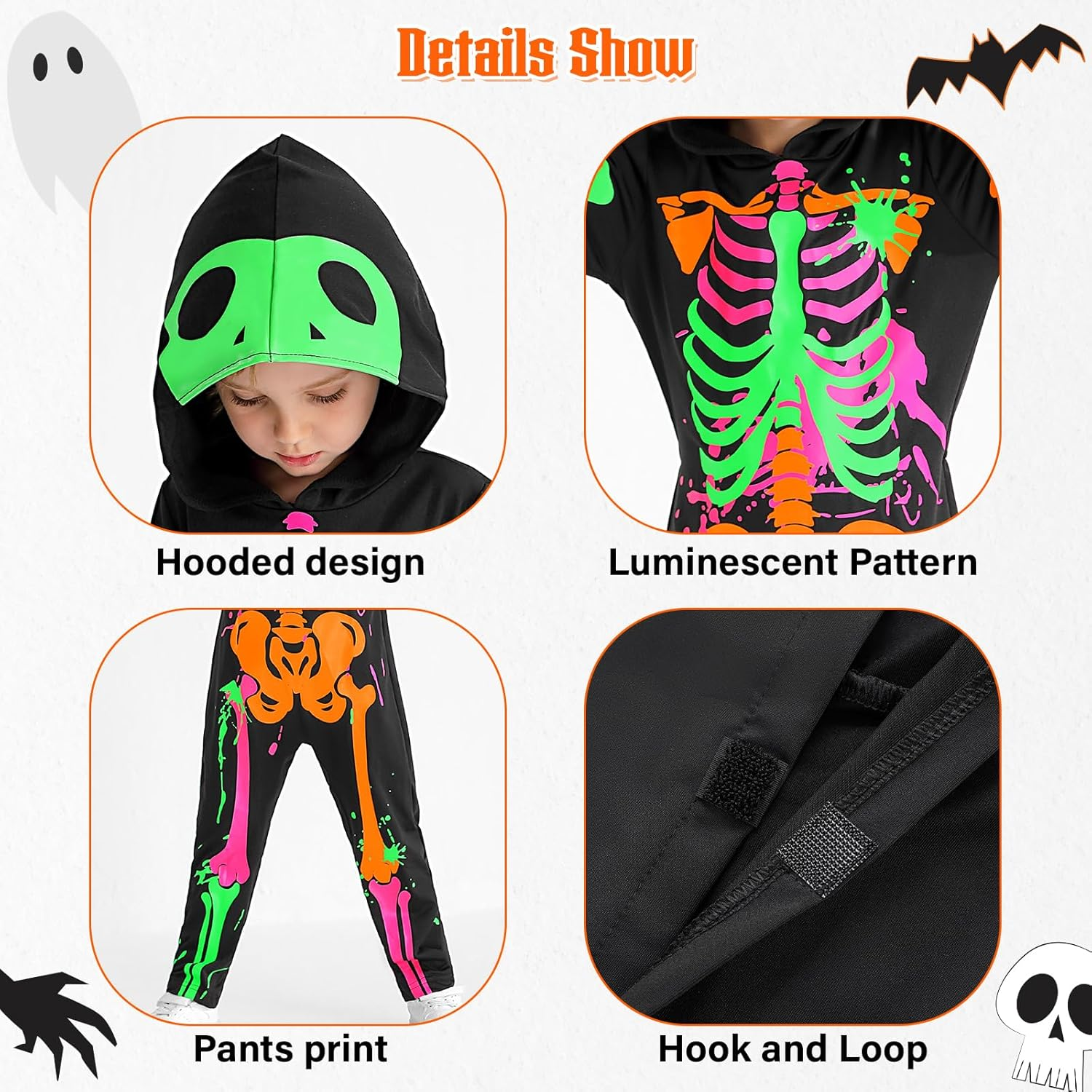 Weixinbuy Kids Halloween Skeleton Costumes Toddler Luminous Scary Skull Bones Jumpsuit Glow in the Dark Outfit for Child Baby image number 2
